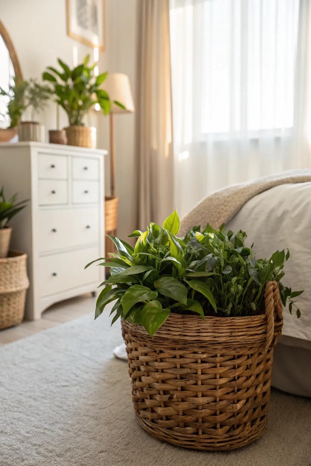Using a basket as a botanical display brings a vibrant and revitalizing feel to your bedroom.