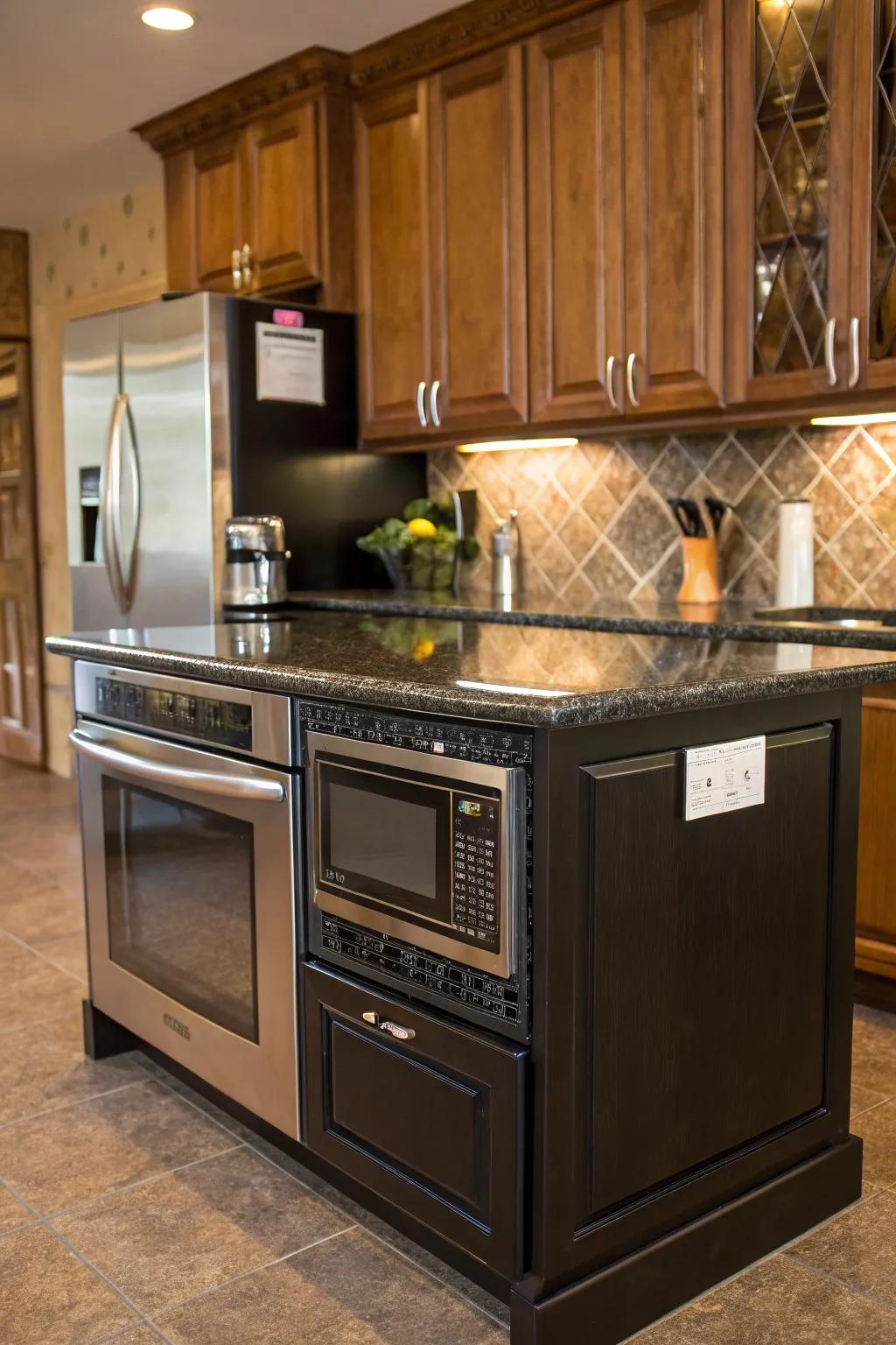 An electronic cooker fitted into a kitchen island for ease of use.