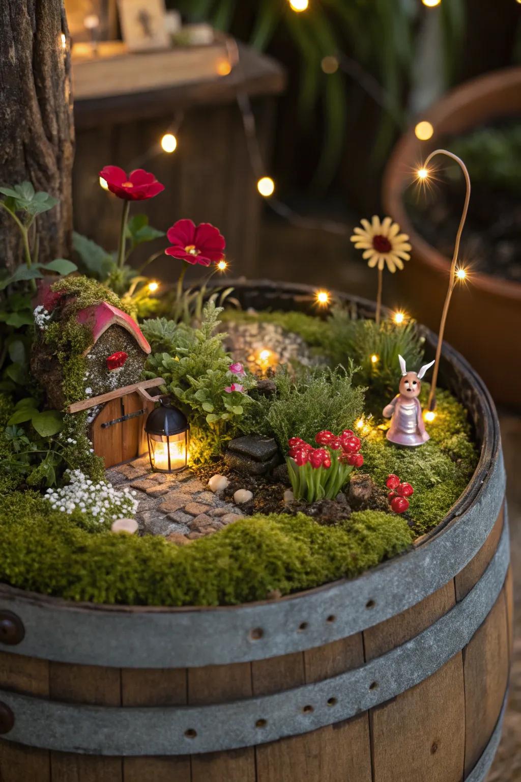 An enchanting pixie garden illuminated with tiny LED lights.