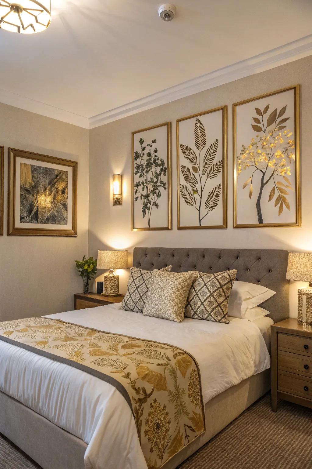 Gold-accented artwork adds depth and personal flair.