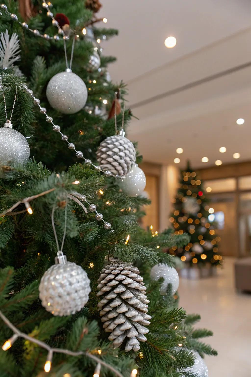 Natural pinecones dusted with white introduce a rustic charm.