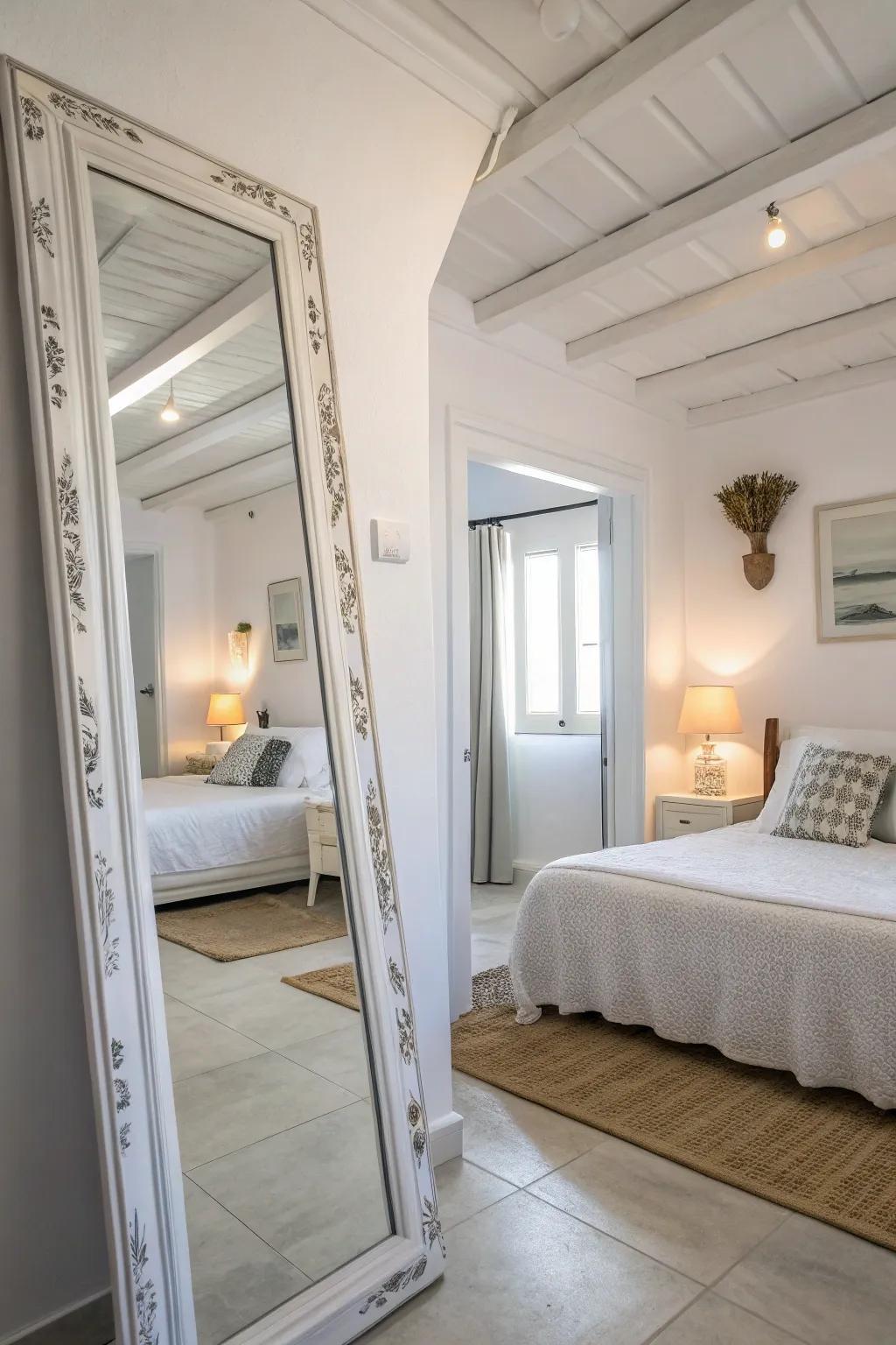 Mirrors in a white bedroom amplify light and area.