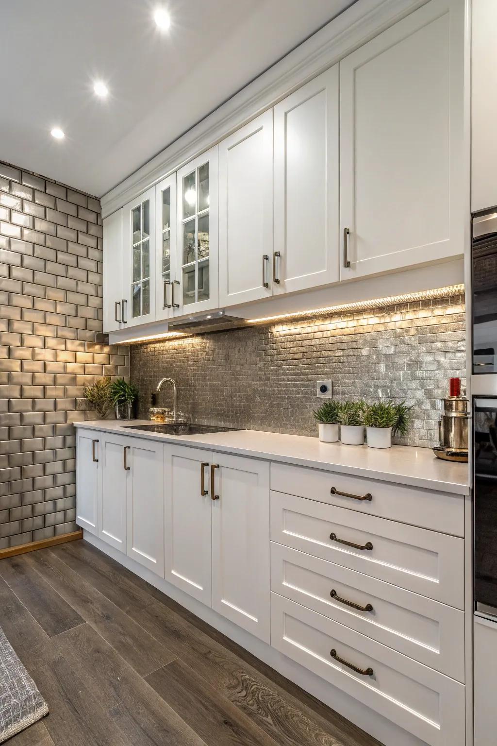 Steel tiles providing a contemporary edge to white cabinetry.