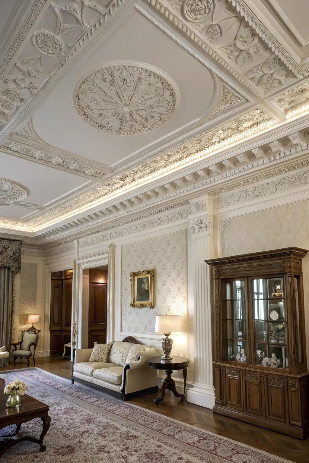 An elegant room where a white ceiling highlights beautiful architectural details.