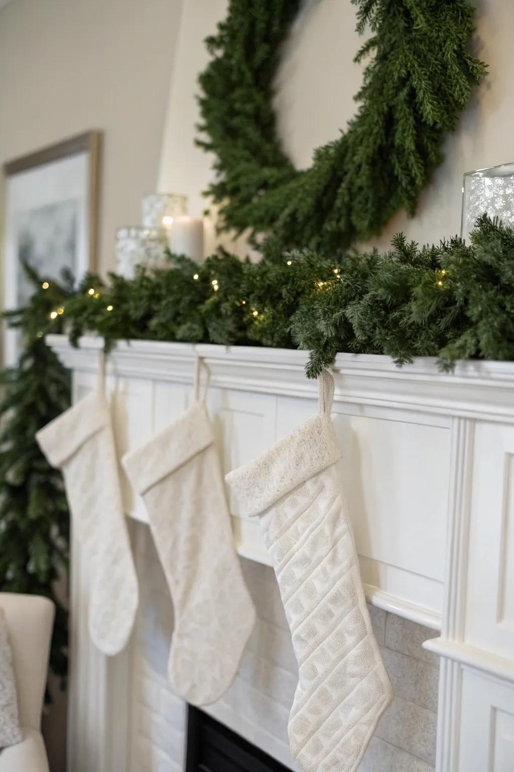 Stockings and wreaths that match the snowy theme.