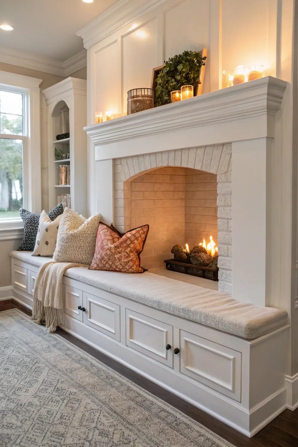 A white fireplace with a built-in bench offers a perfect spot for relaxation.