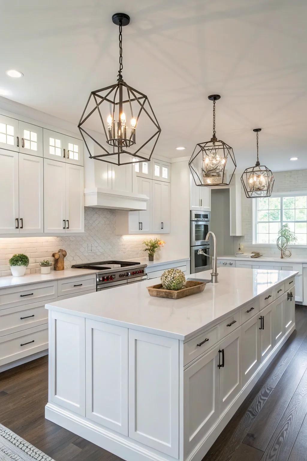 Statement illumination fixtures inject persona and coziness into the white kitchen.