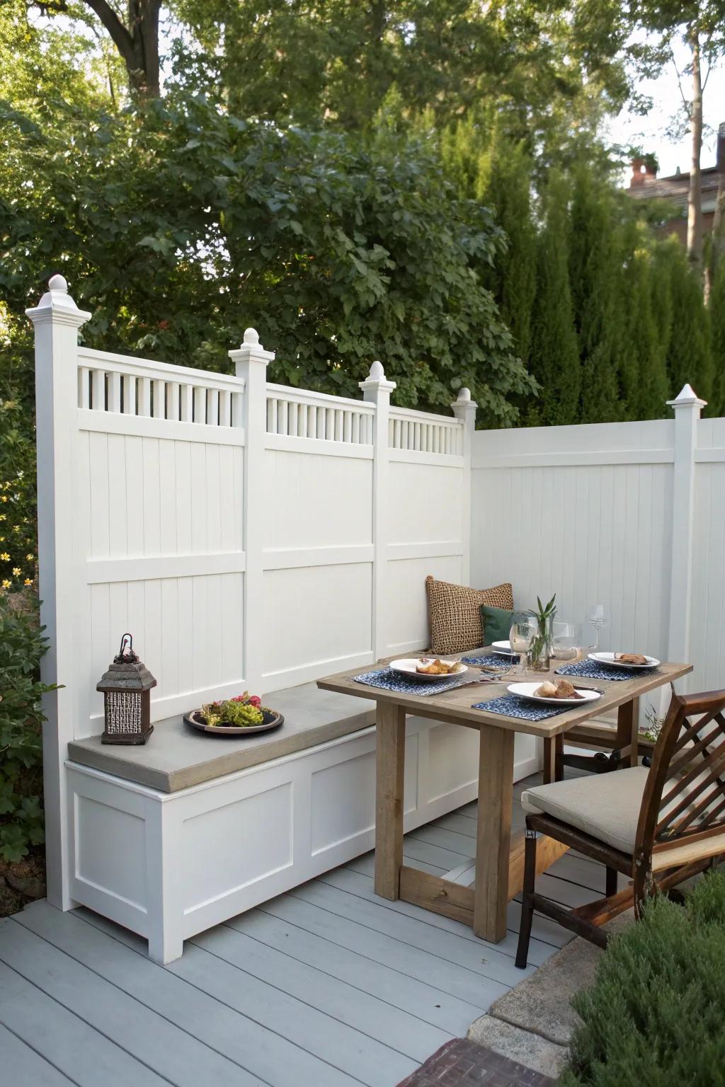 Integrated benches transform a white privacy fence into a multipurpose area.