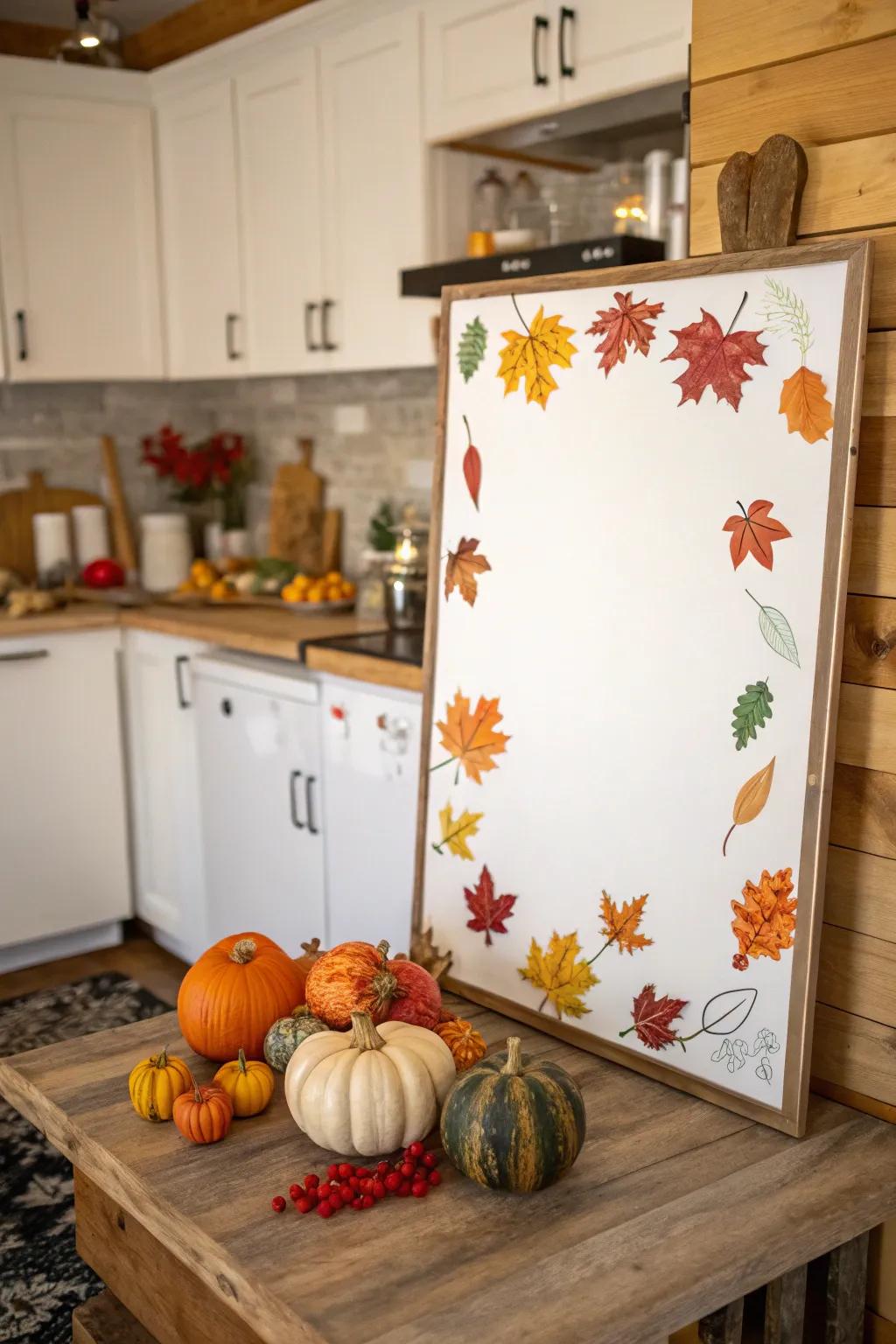 Seasonal embellishments transform this whiteboard for the fall season.