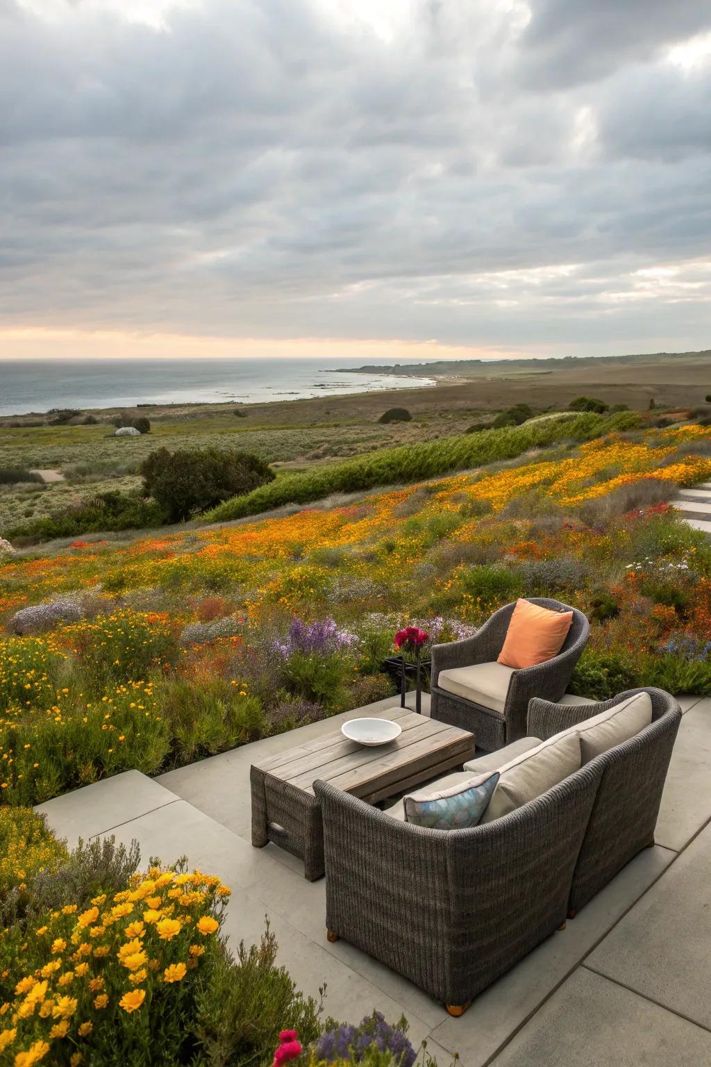 A stunning seating area delivering an awe-inspiring wildflower tableau.