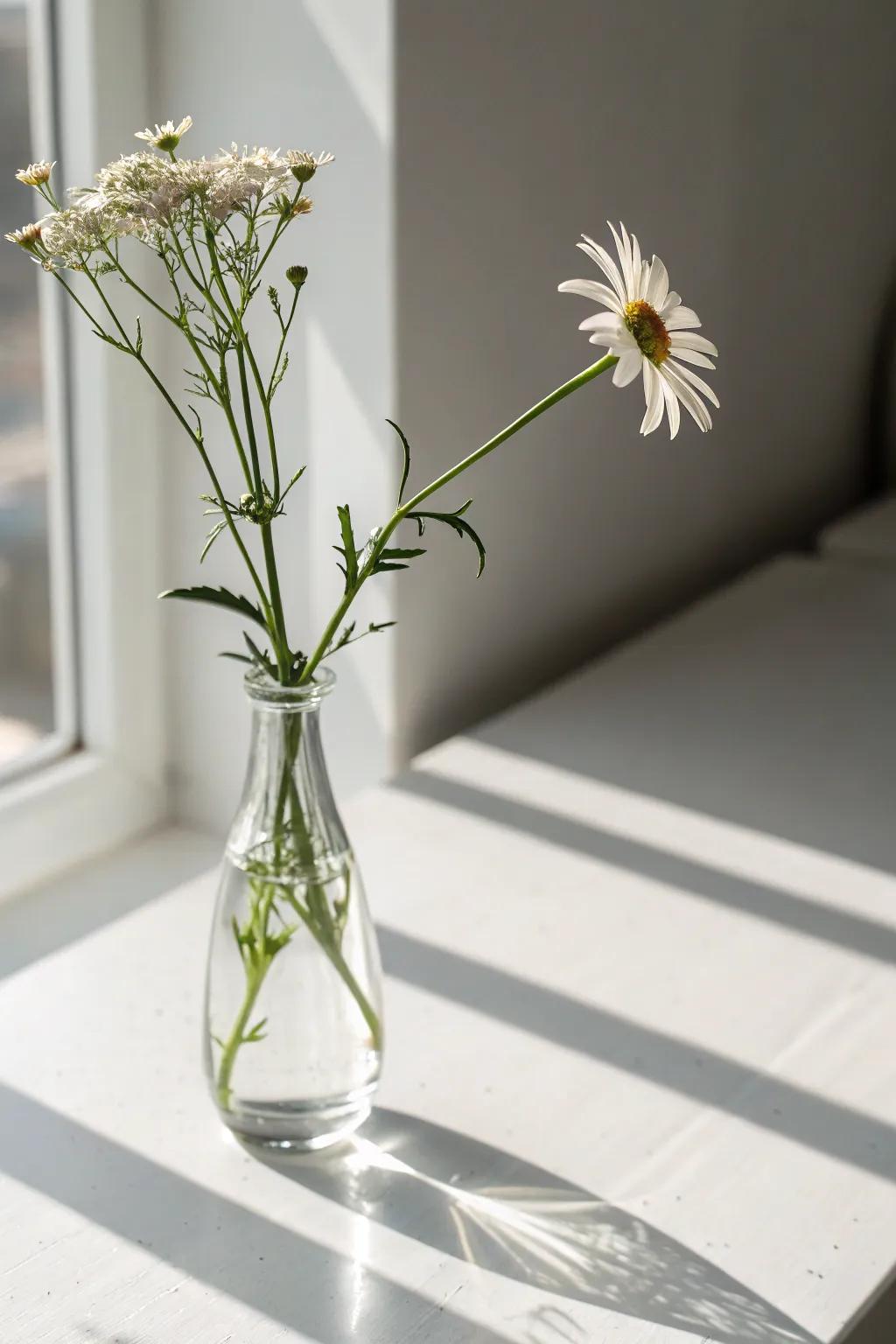 An individual wildflower in a slender vase makes a spartan assertion.