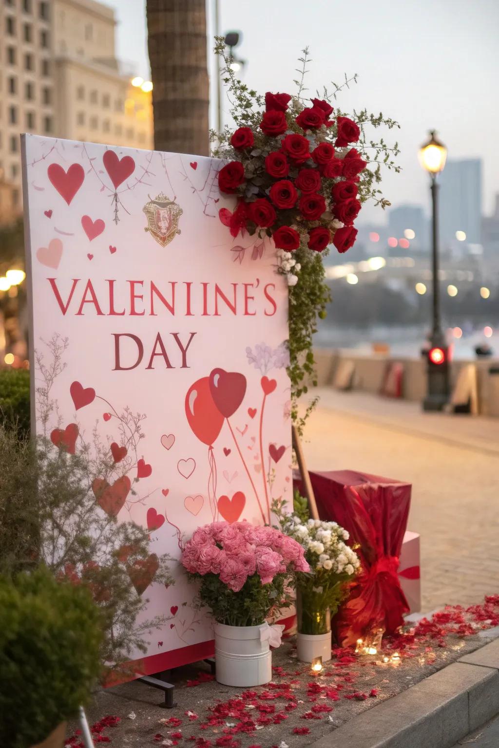 An affectionate Valentine's placard featuring emblems like blossoms and love notes.