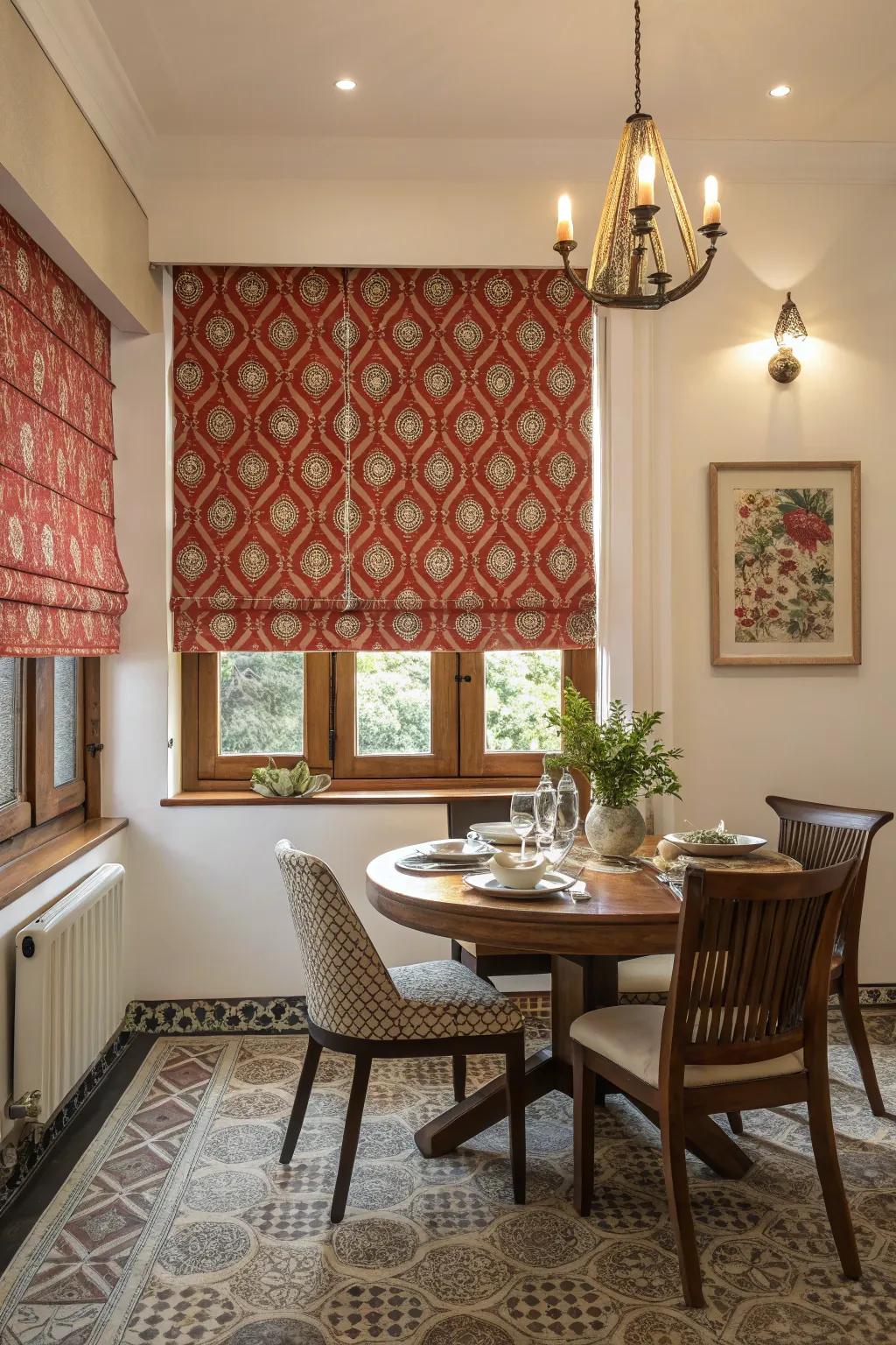 Eye-catching patterned covering incorporating a splash of personality in a dining space.