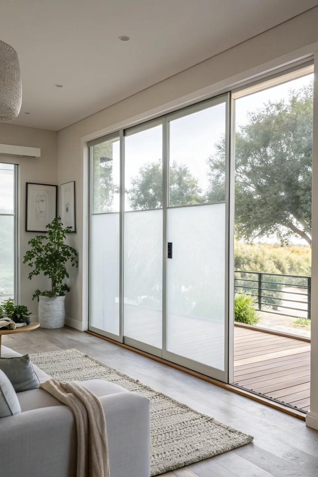 Frosted window film provides a private and minimalist solution.