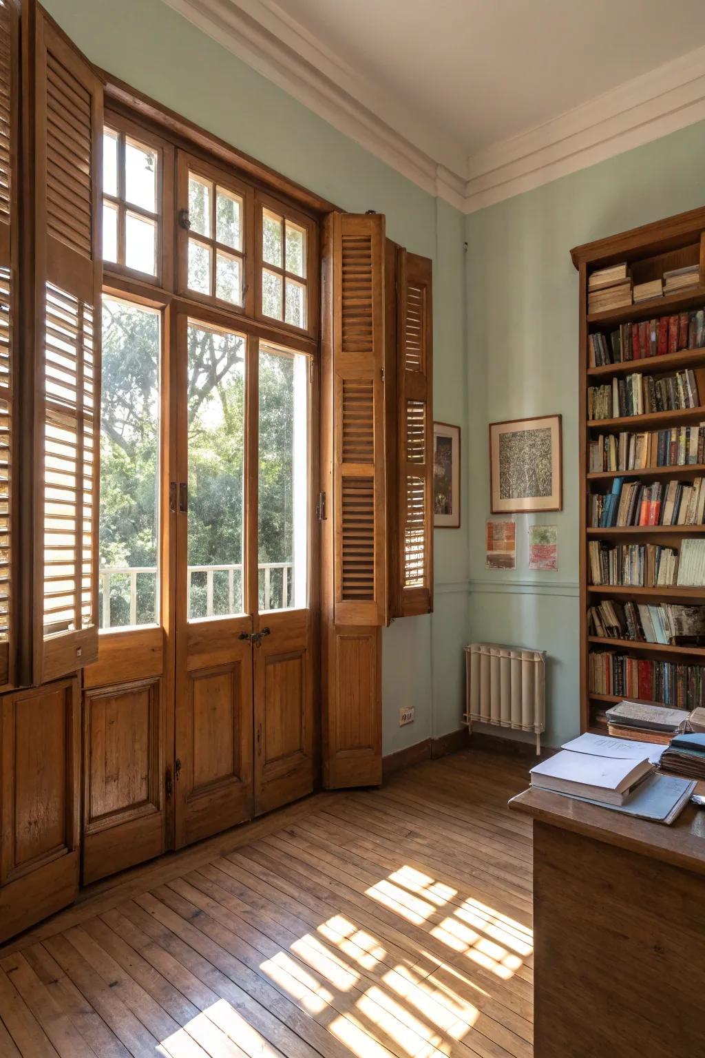 Wooden shutters add classic charm to this study room.