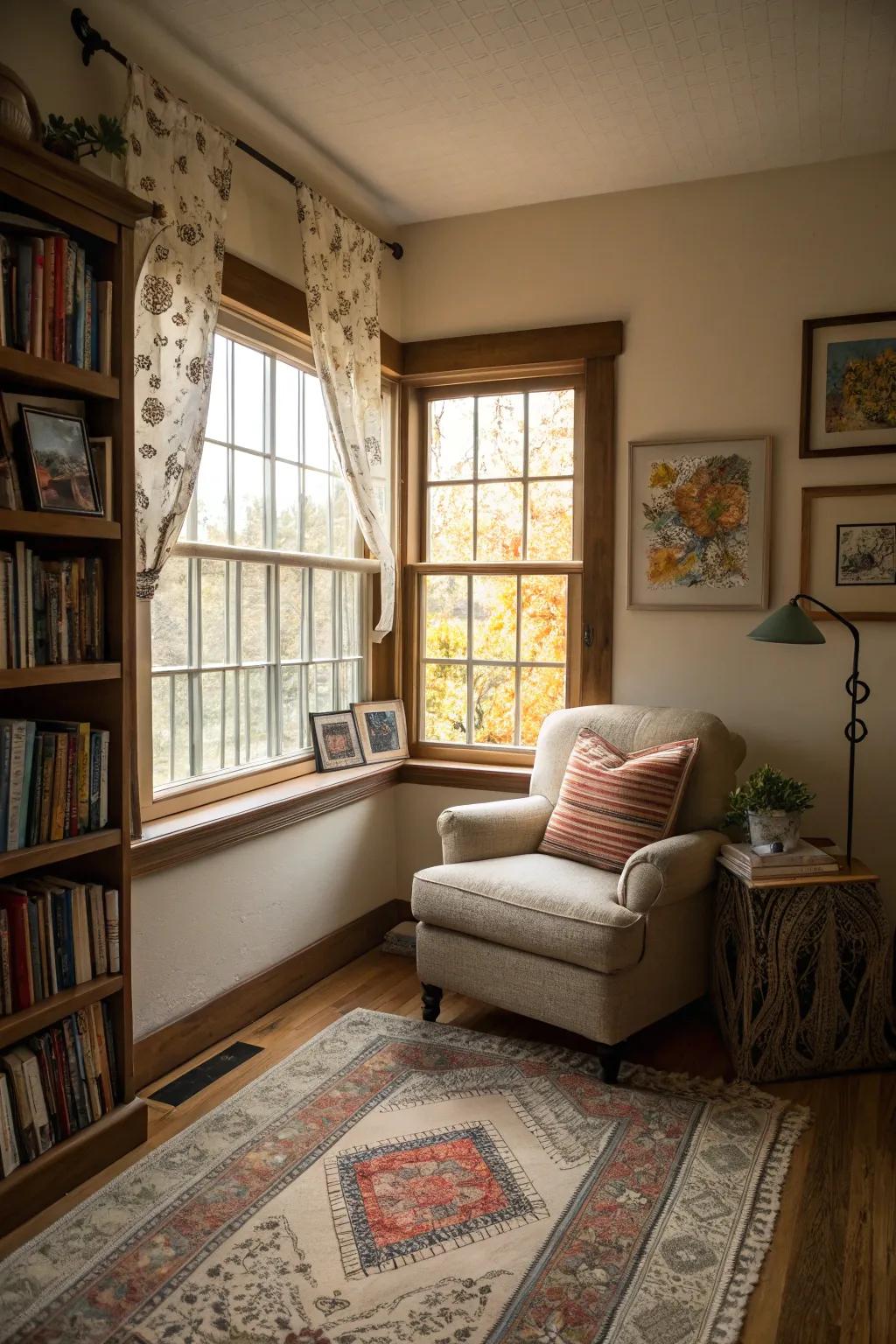 A personalized window spot with artwork and a rug.