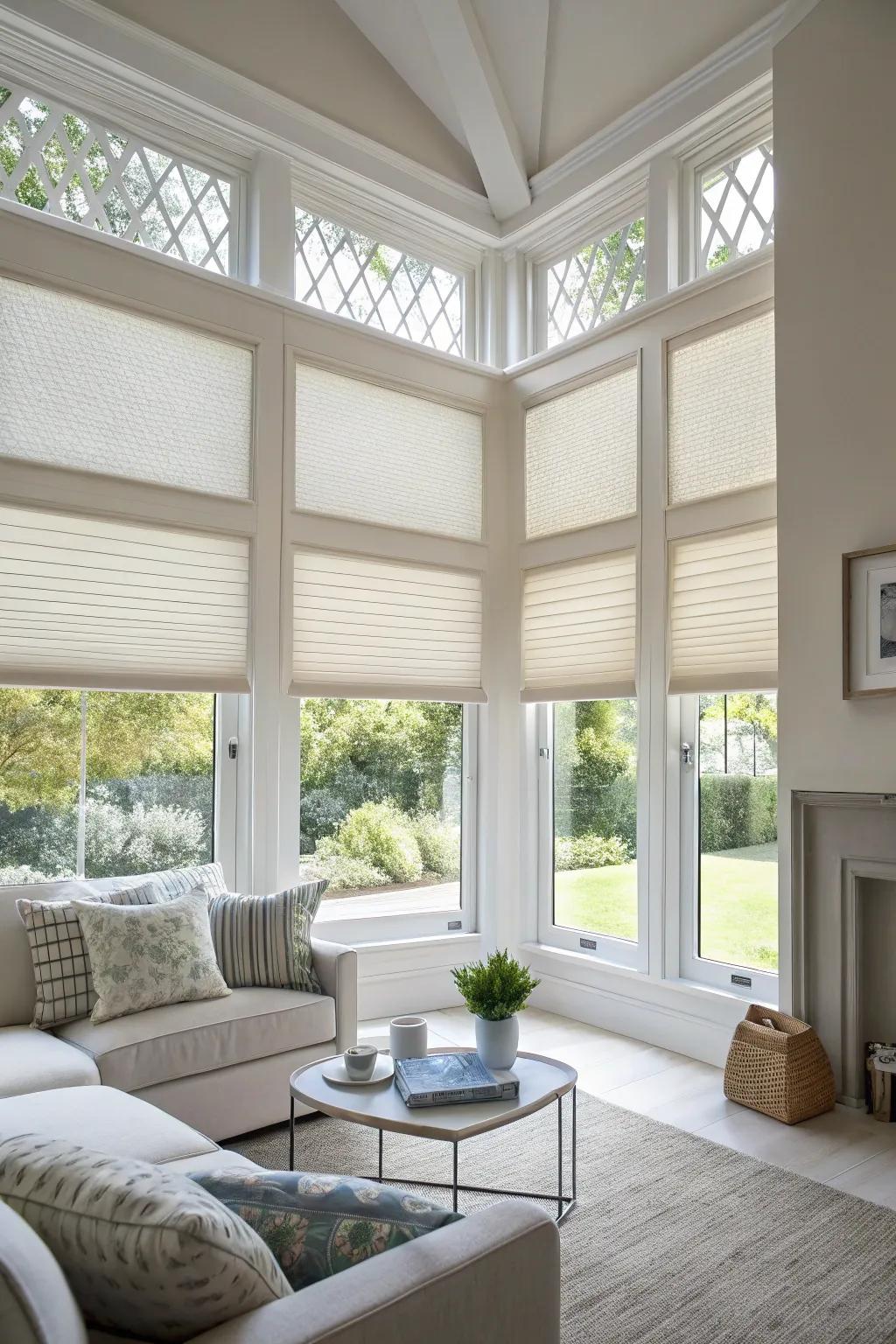 Adjustable light filtering shades offer customizable light control.