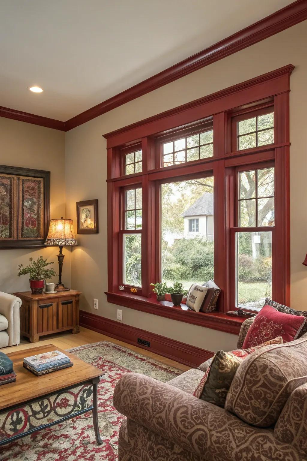 Crimson depths frames make a bold impression in a lounge.