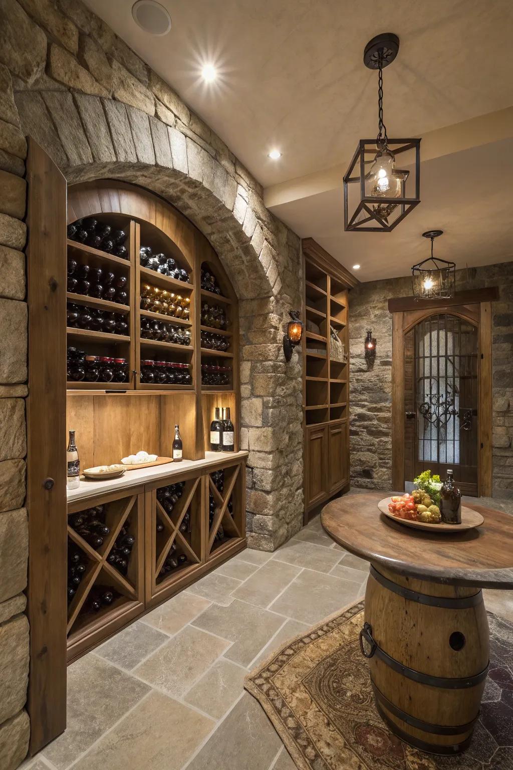 Stone and wood details enhanced by warm accent lighting.