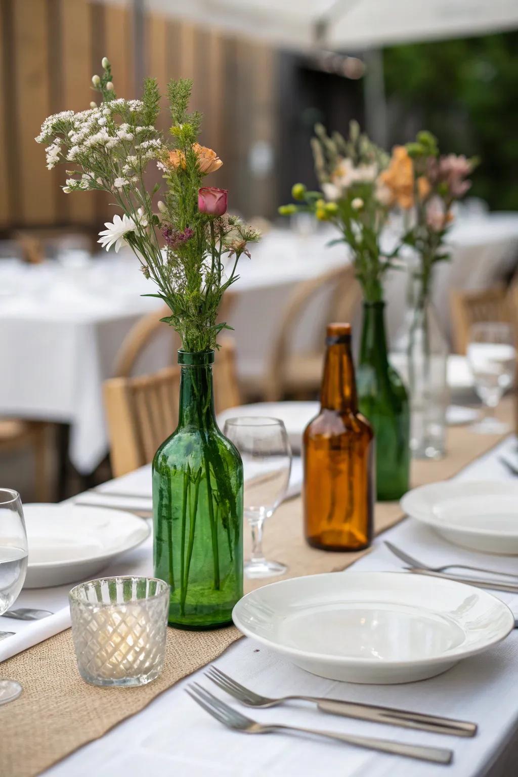 Colored glass bottles add vibrant visual interest to your table.