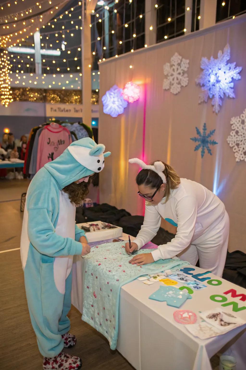 A vibrant winter wear decorating theme showcasing a garment customization area.