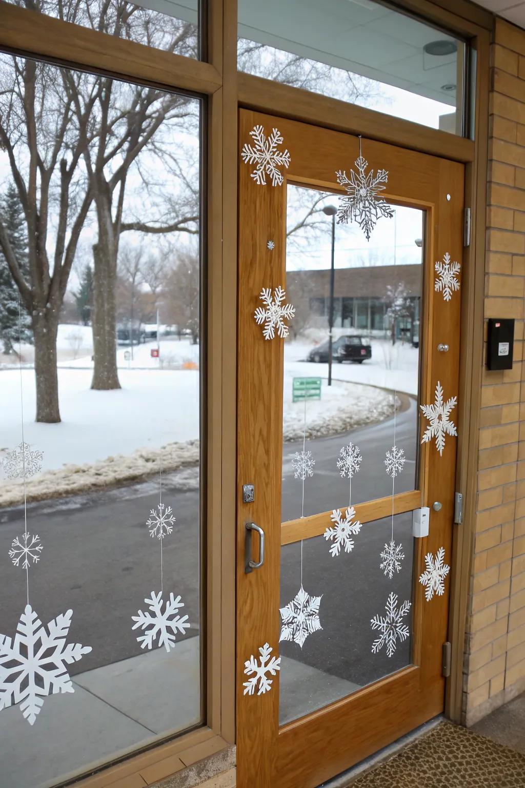 Action flakes contribute a playful element to this winter entrance