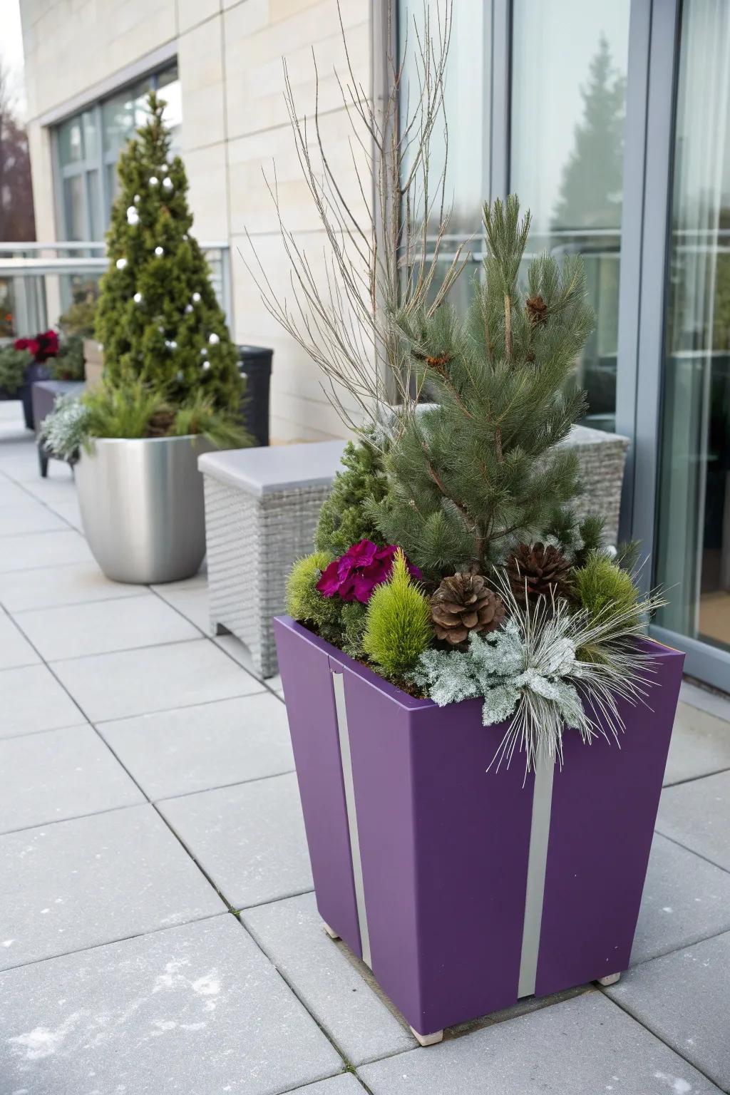 Unexpected colors like purple and silver offer a fresh twist on winter planters.