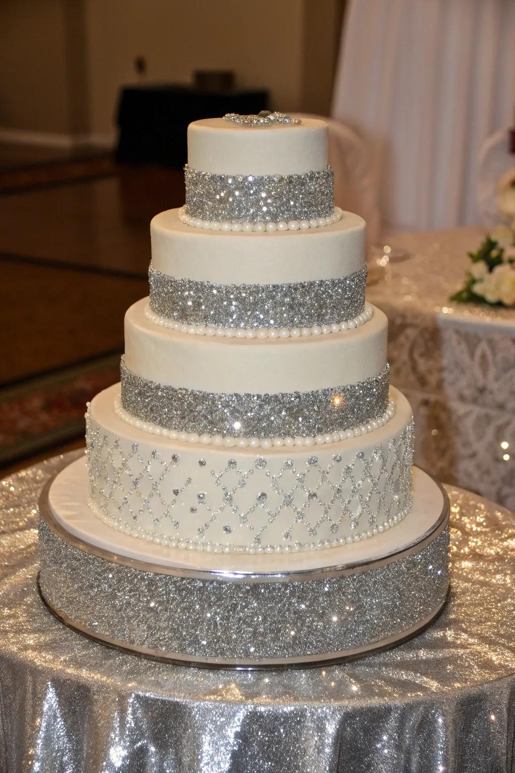 Silver shimmer adds a touch of sparkle to this elegant winter cake.