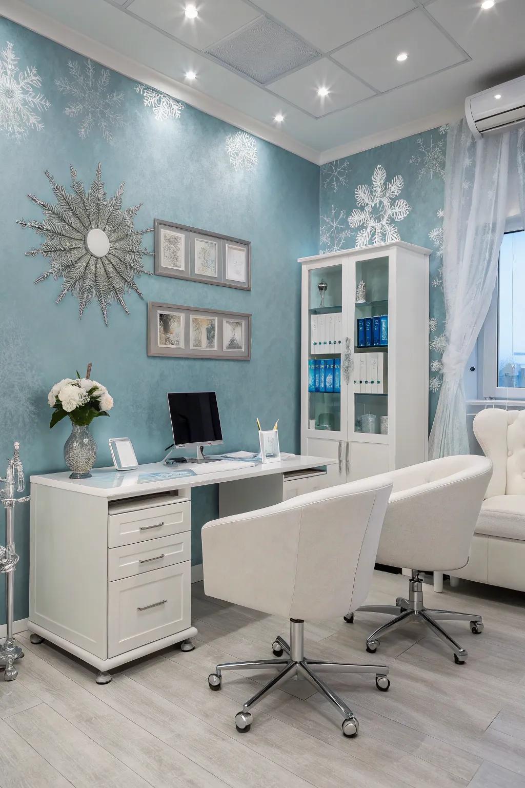 Frost and silver shades create a refreshing winter palette for your office.