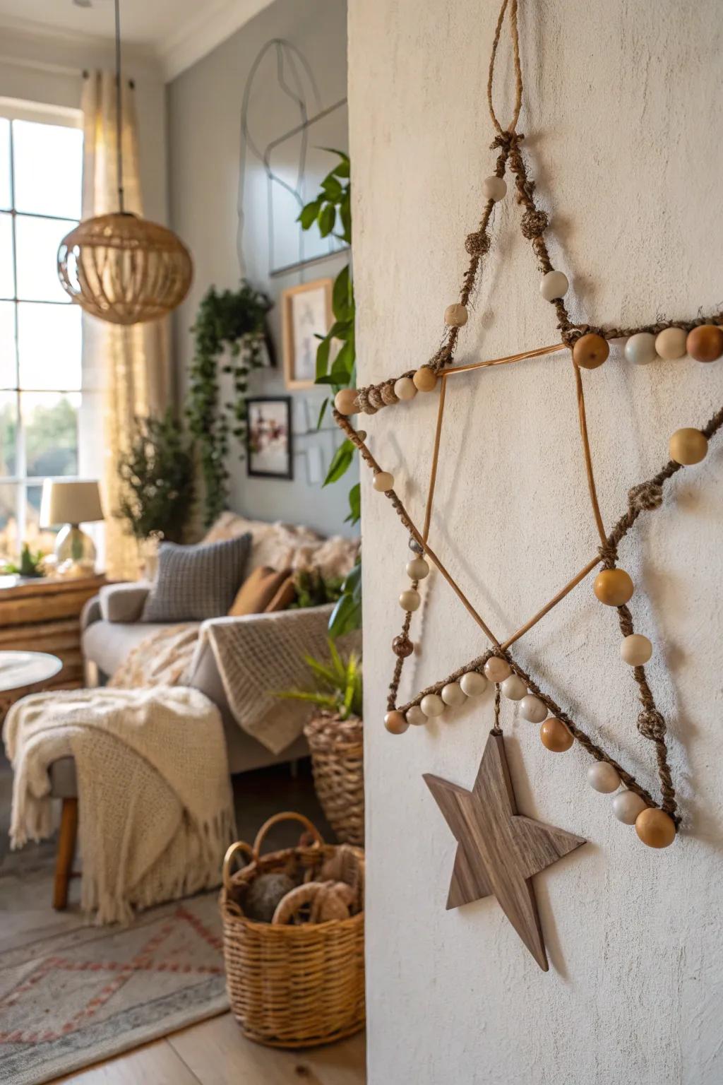 A boho wooden star wreath brings natural charm to your space.