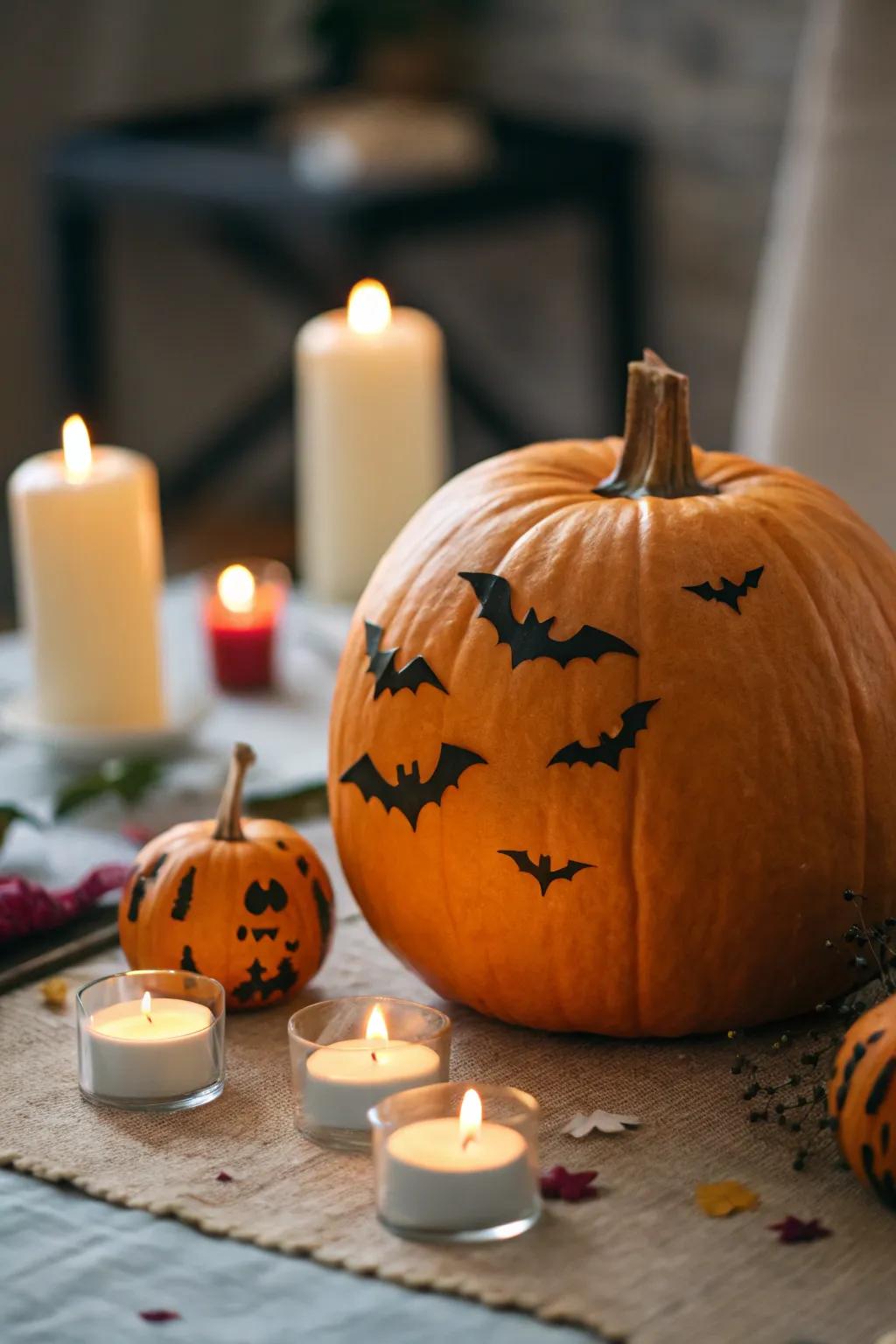 Pumpkin featuring whimsical vespertilian ornaments.