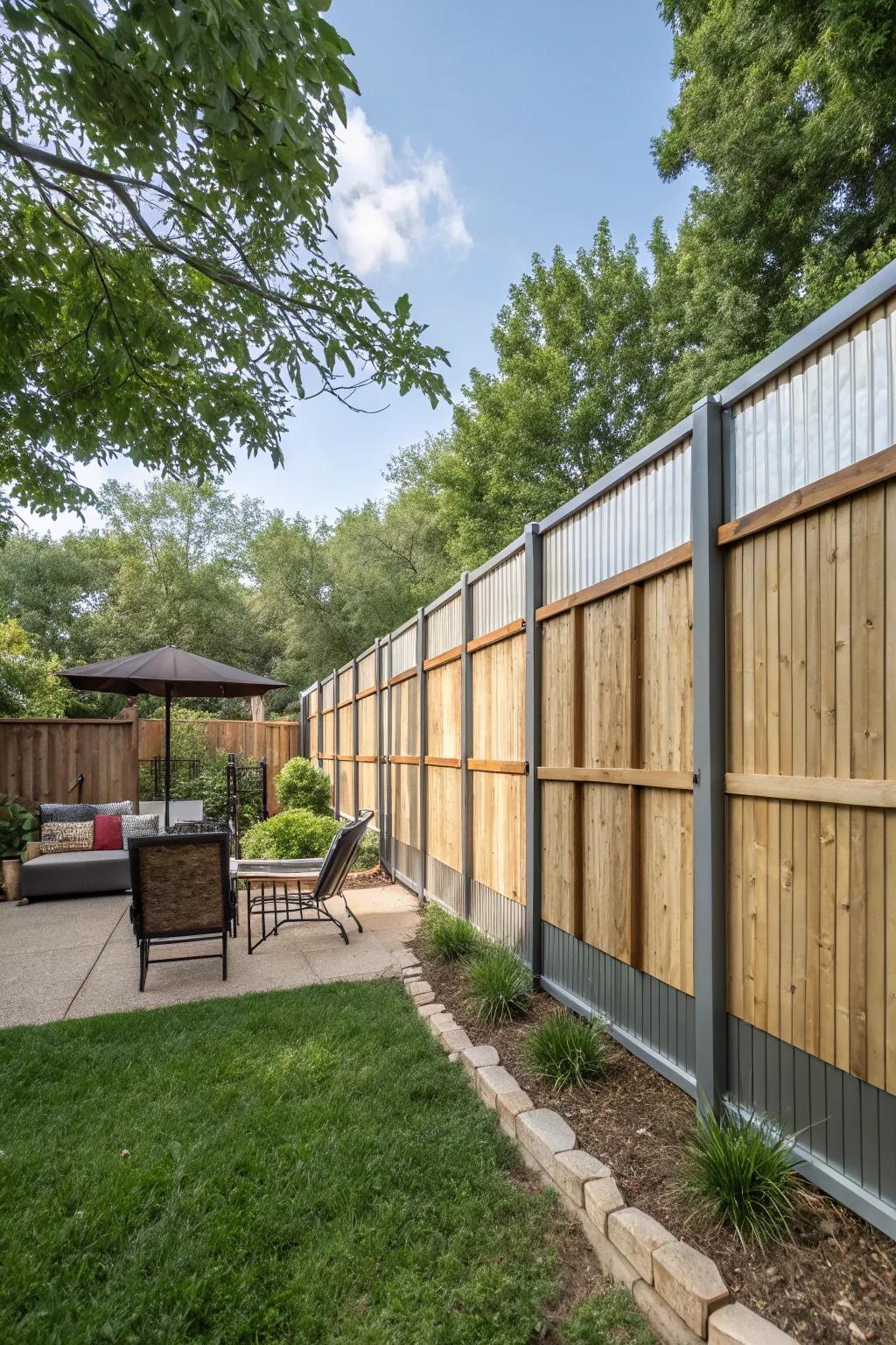 A privacy fence featuring a creative combination of alternating timber and metal panels.