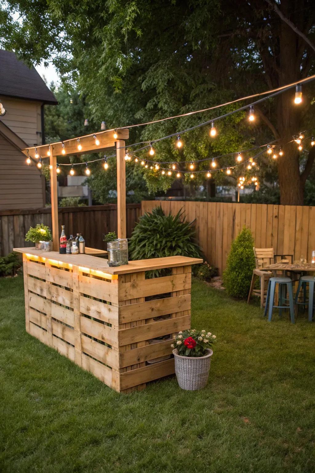 A charming DIY bar crafted from pallet wood.