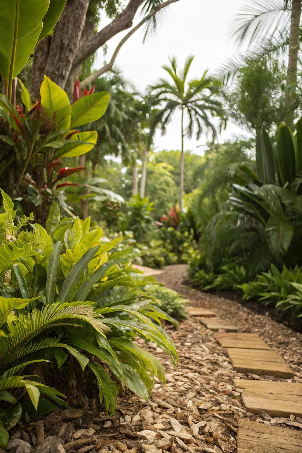 <strong>Wood chips</strong> beautifully complement the rich vegetation found in a tropical garden.” loading=”lazy” class=”pimg”>
	</picture><figcaption><strong>Wood chips</strong> beautifully complement the rich vegetation found in a tropical garden.</figcaption></figure>
<p>Morph your garden into a tropical getaway, incorporating <strong>wood chips</strong> as a base amidst vibrant, foreign flora. It’s become my personal hideaway right in the backyard.</p>
<h3>A few suggestions:</h3>
<ul class=