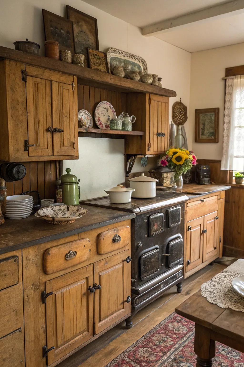 An antiqued timber finish bringing history and charm to the cooking area.