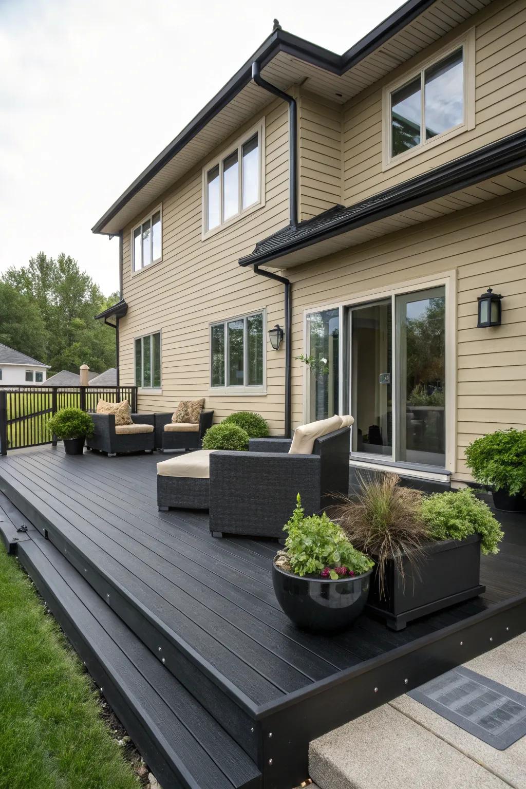 A midnight deck offers a striking contrast to a tan house, creating a dramatic visual impact.