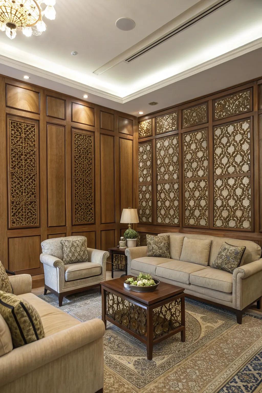 A living room with wood wall panels that introduce depth and coziness.