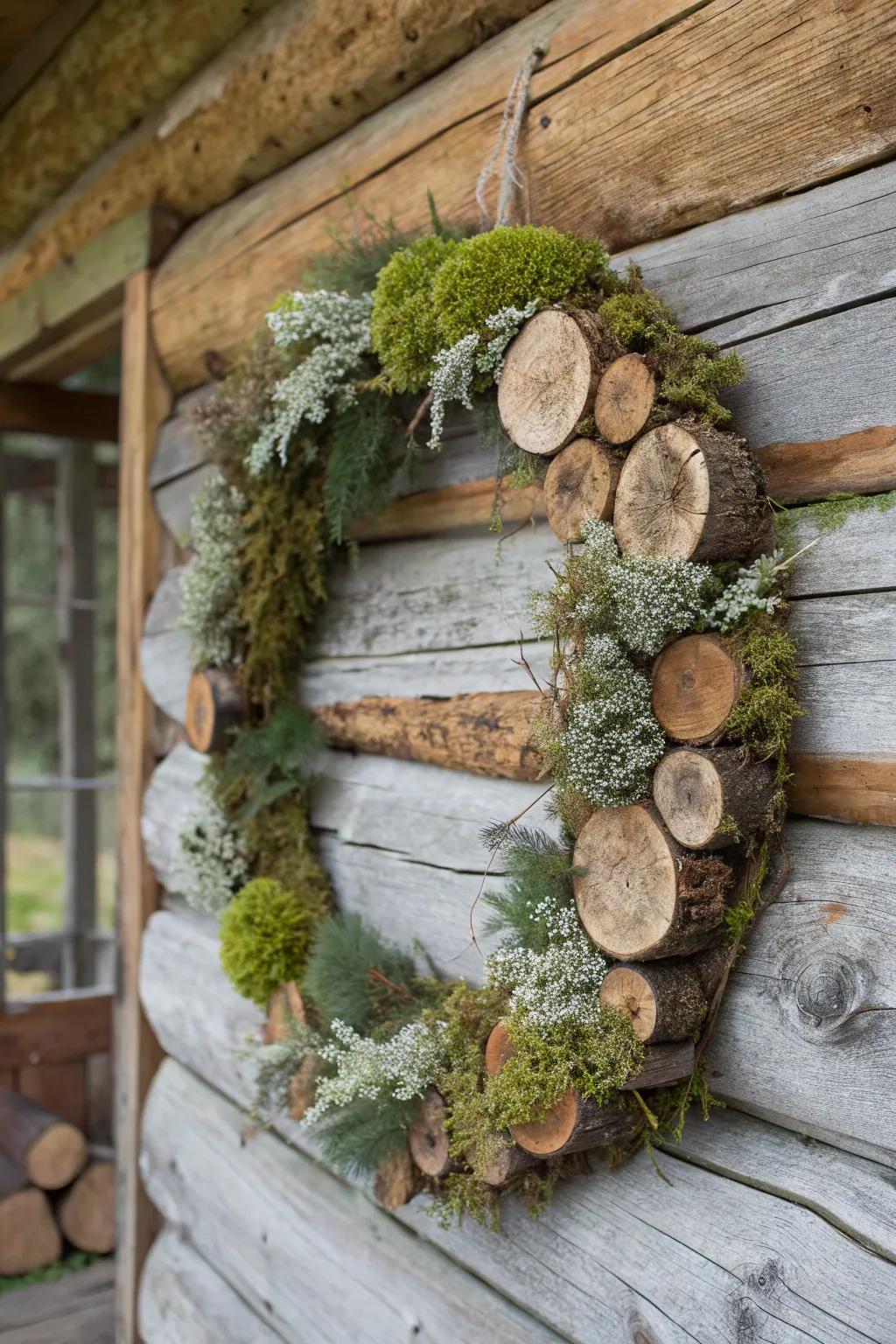 Nature-inspired wreath with plant life for a forest feel.