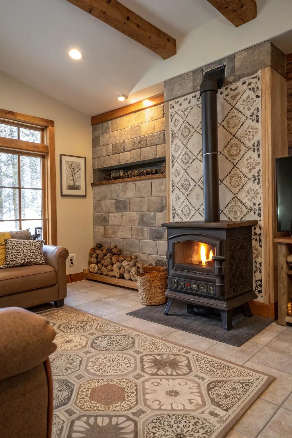Combining tile textures and styles provides a unique and tailored wood stove surround.