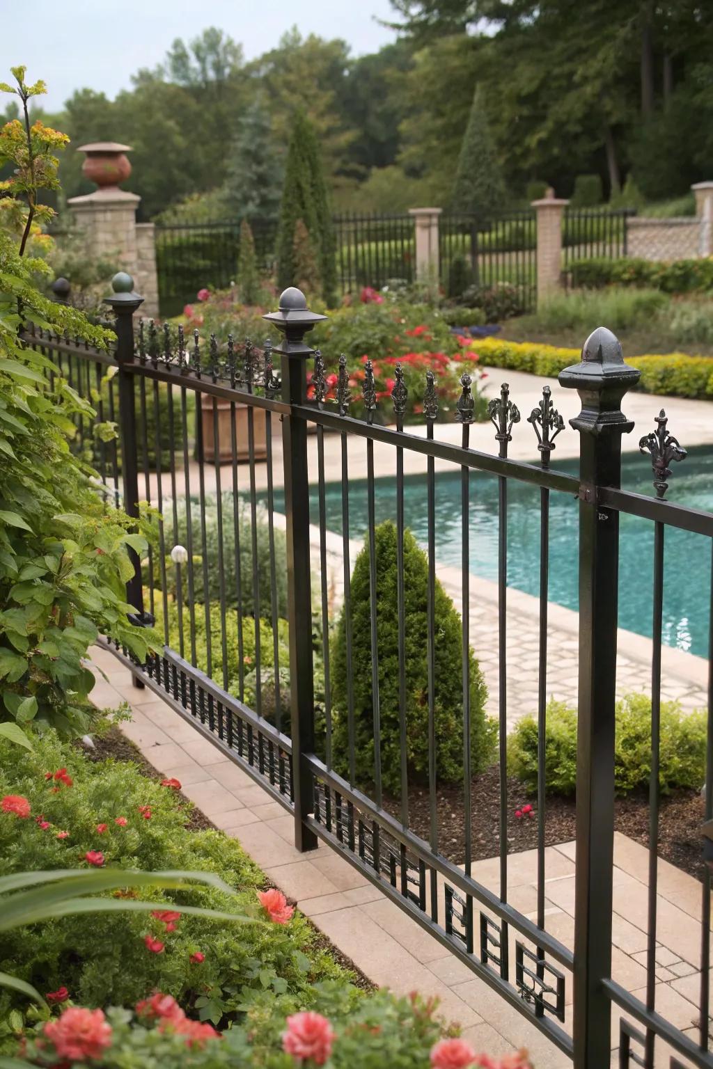 Height variations in the wrought iron fence add dimension to this pool area.