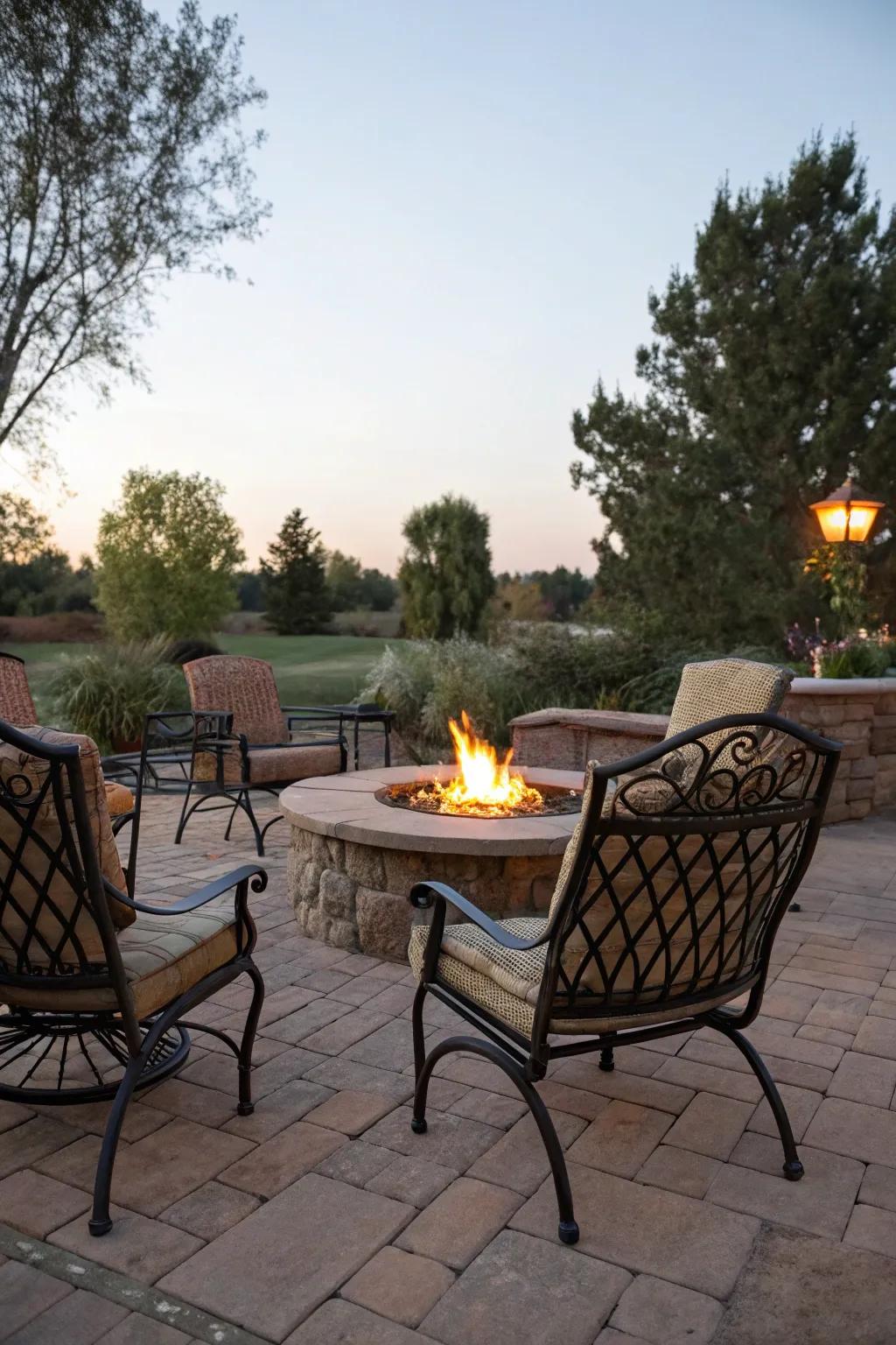A fire pit bordered by wrought iron seating encourages cozy social events.
