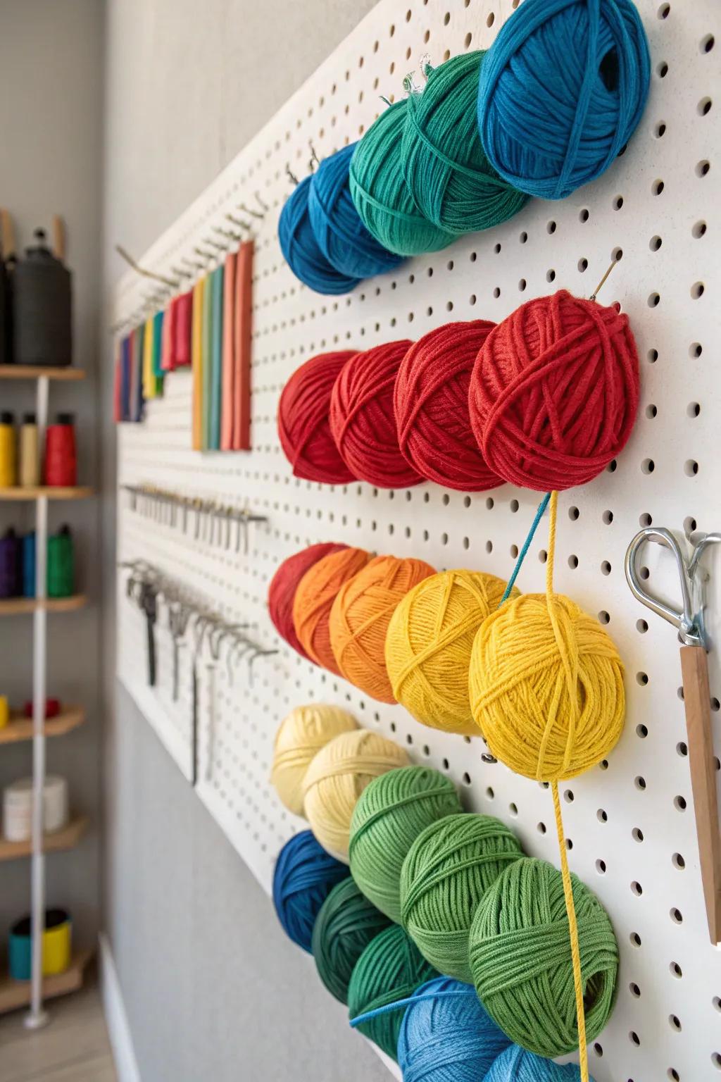 A pin board wall turns yarn into a colorful piece of art.