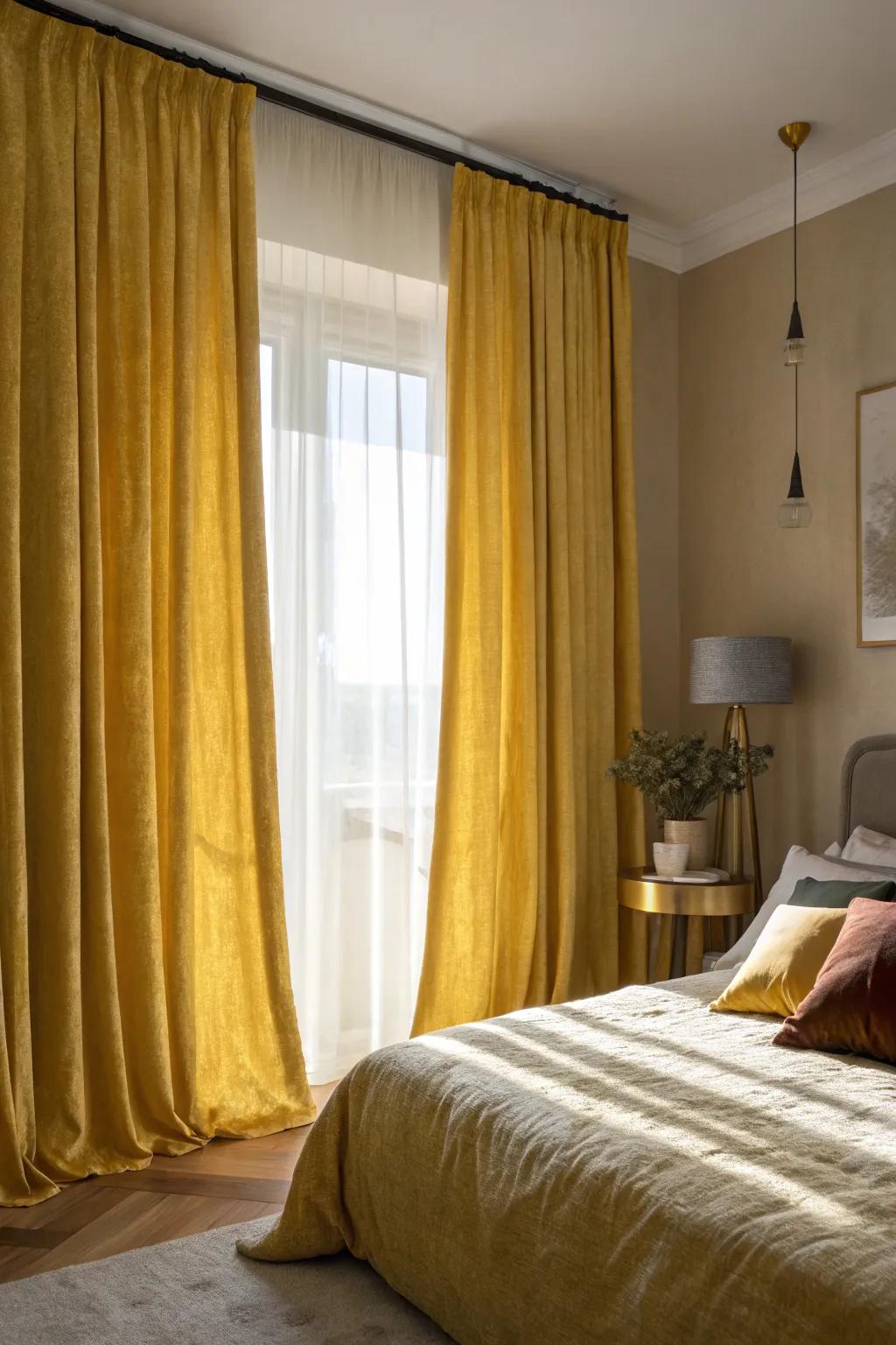 Textured yellow window coverings in velvet and linen create depth and interest in the bedroom.