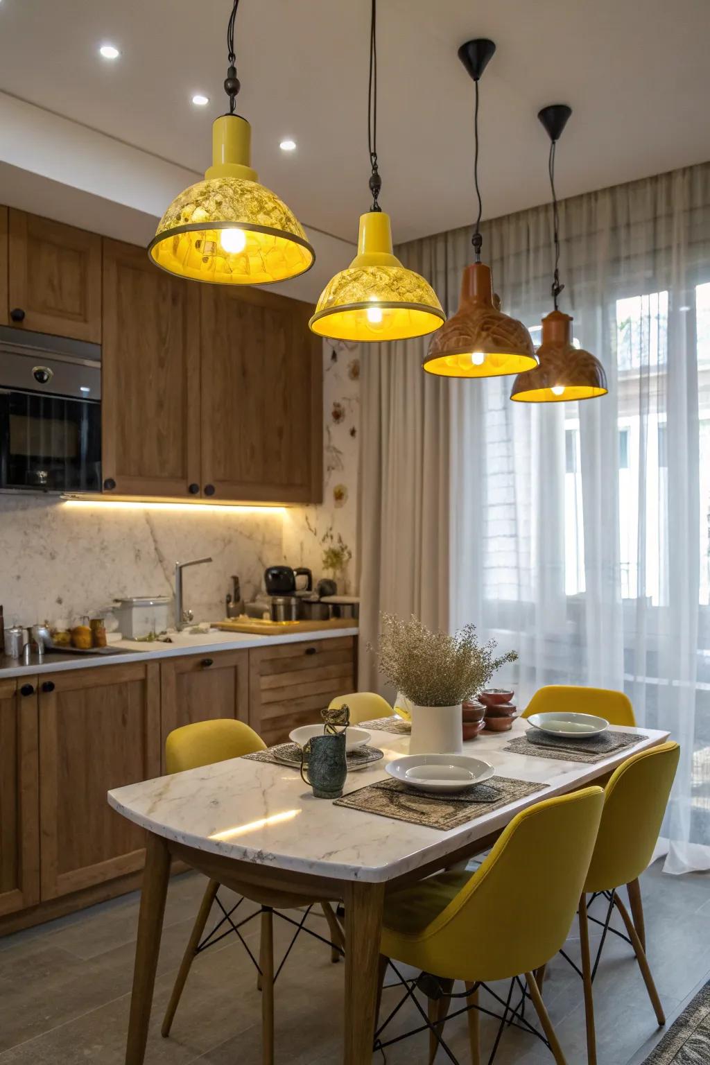 Yellow pendant lights illuminate the kitchen with warmth and style.