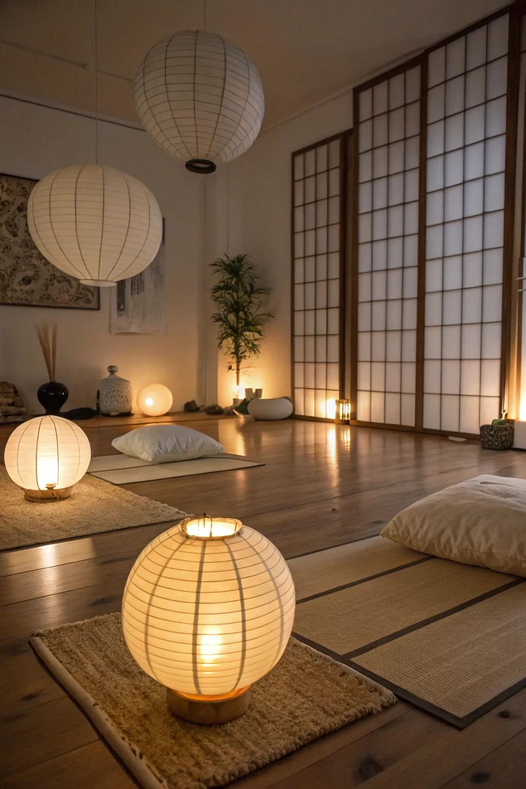 Gentle lighting enhances the room's peaceful atmosphere.