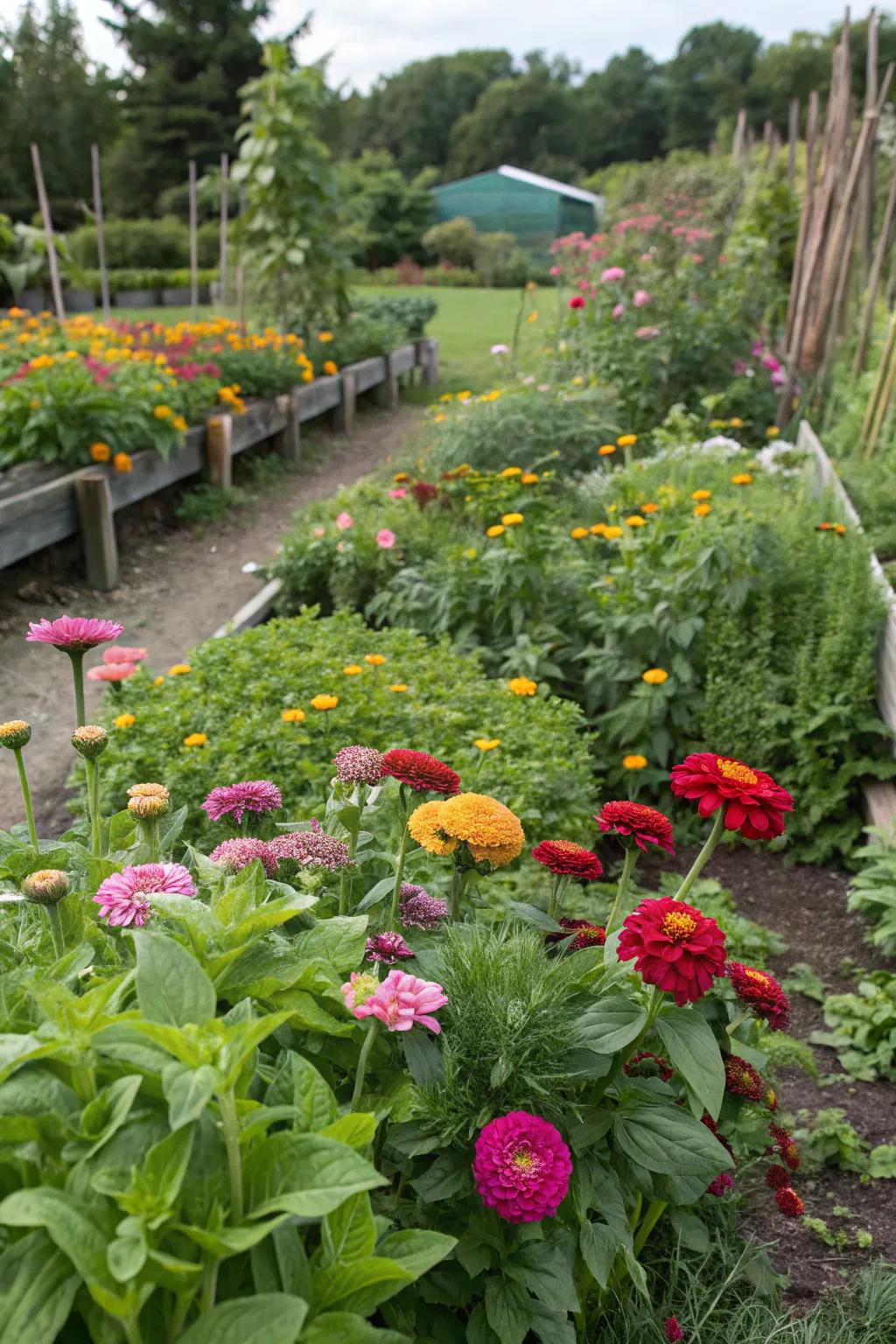 An energetic consumable garden showcasing zinnias among herbs and greens.