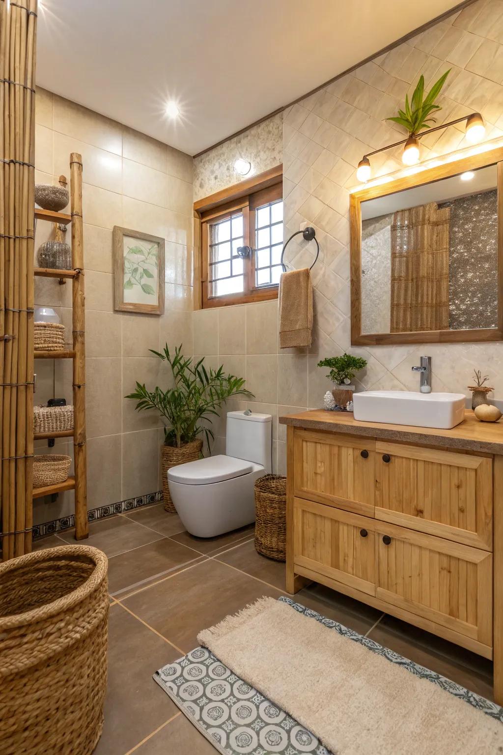 Eco-conscious bathroom with sustainable materials and natural elements.