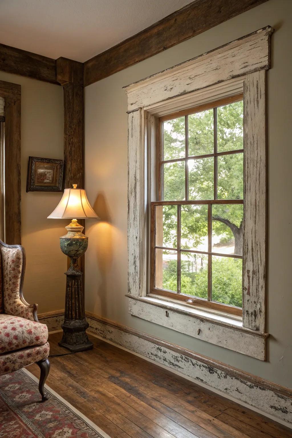 Distressed trim adds character and vintage charm.