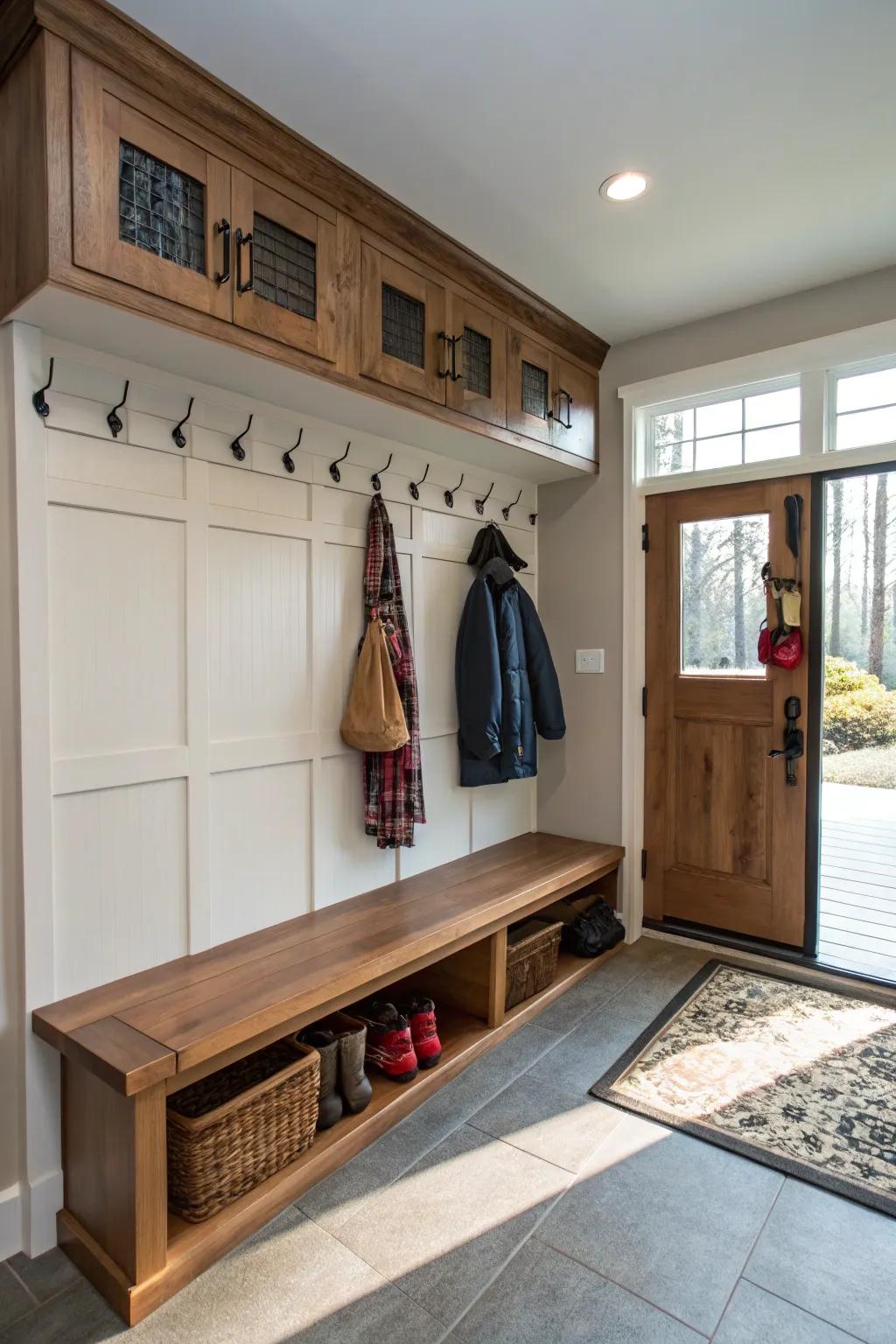 Keep your home tidy by creating a mudroom area in the garage for convenience.