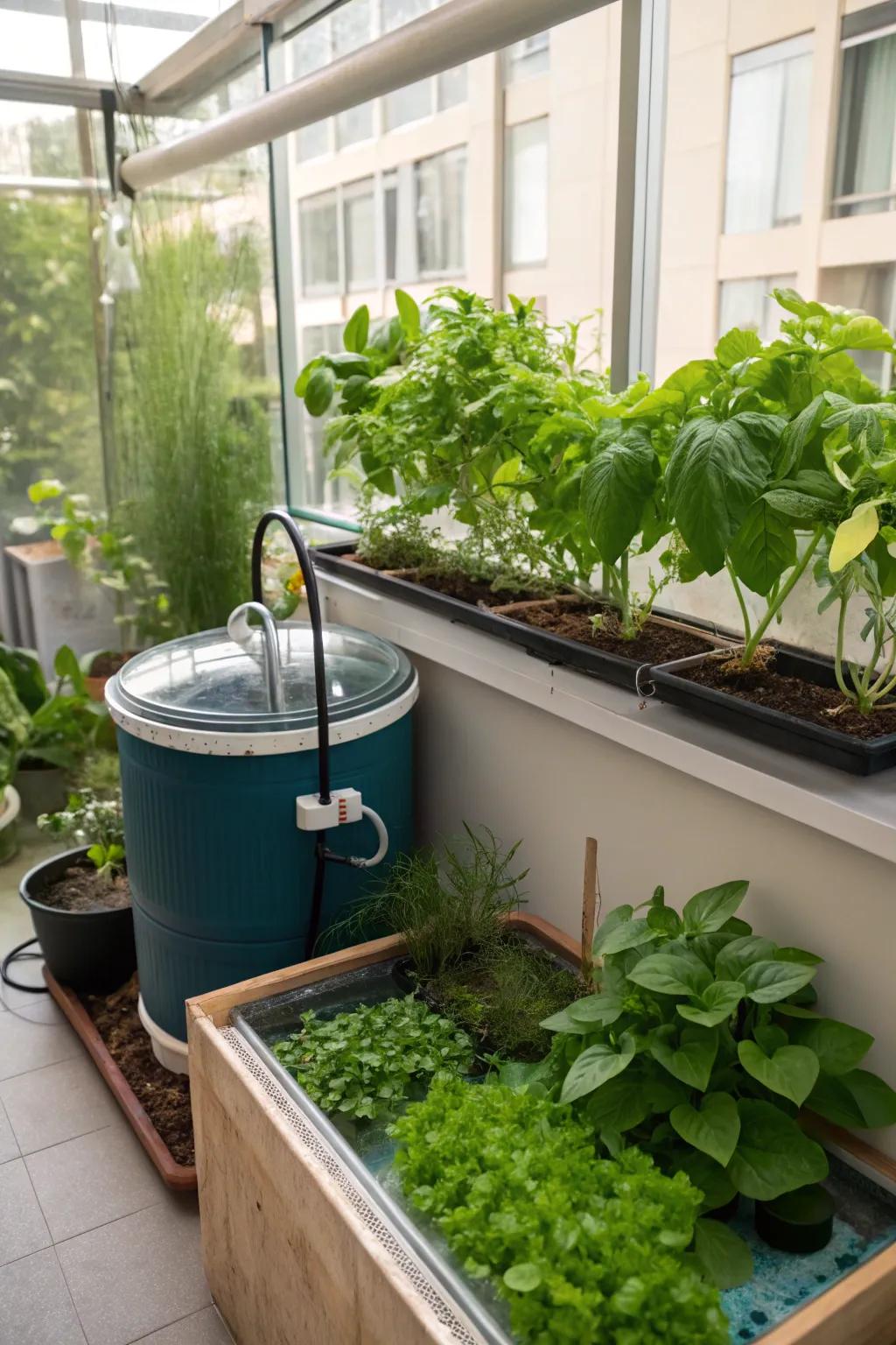 Aquaponics connects water storage with indoor gardening.